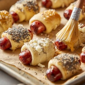 A close-up of unbaked pigs in a blanket on a parchment-lined baking sheet, as a hand brushes the dough with melted butter and tops some with everything bagel seasoning, sesame seeds, and cheese.