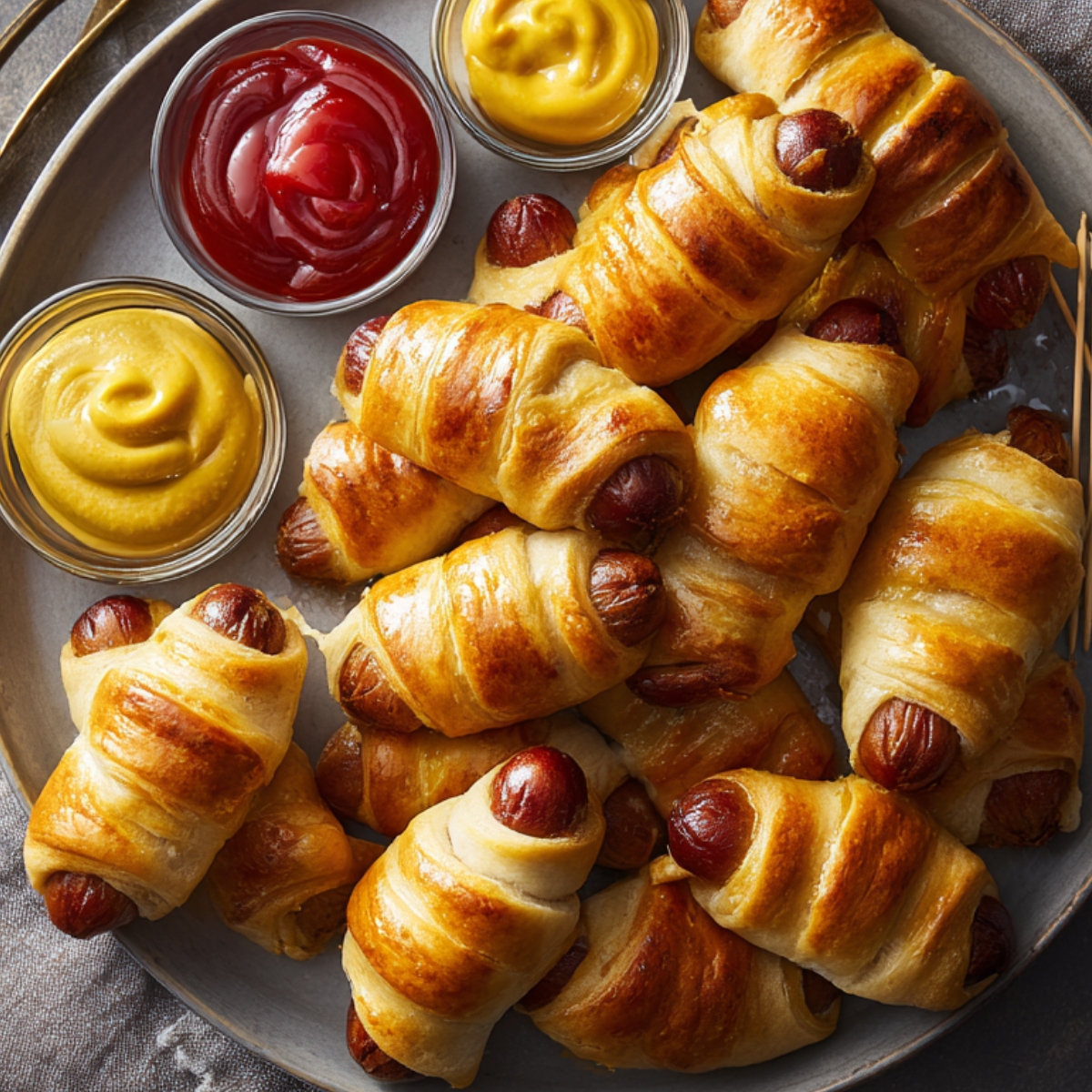 A large serving platter filled with golden, freshly baked pigs in a blanket, arranged around small bowls of ketchup and mustard, with toothpicks placed beside them for easy serving.