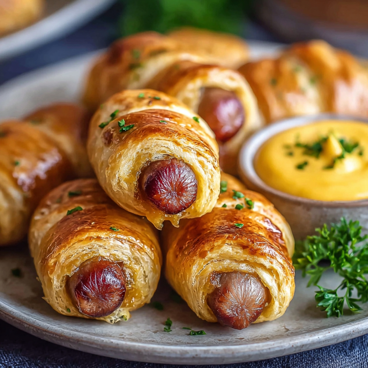 A plate of golden, flaky pigs in a blanket made with puff pastry, stacked neatly and garnished with parsley, served with a small dish of mustard.