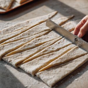 A work surface dusted with flour where crescent roll dough has been cut into long strips using a metal bench scraper, with cut dough pieces resting in the background.