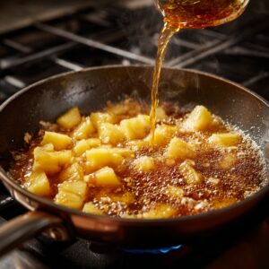 Healthy Pineapple Chicken With Rice Recipe 17 A skillet on a stovetop filled with simmering pineapple chunks in a caramel-colored sauce, with liquid being poured in to deepen the glaze.