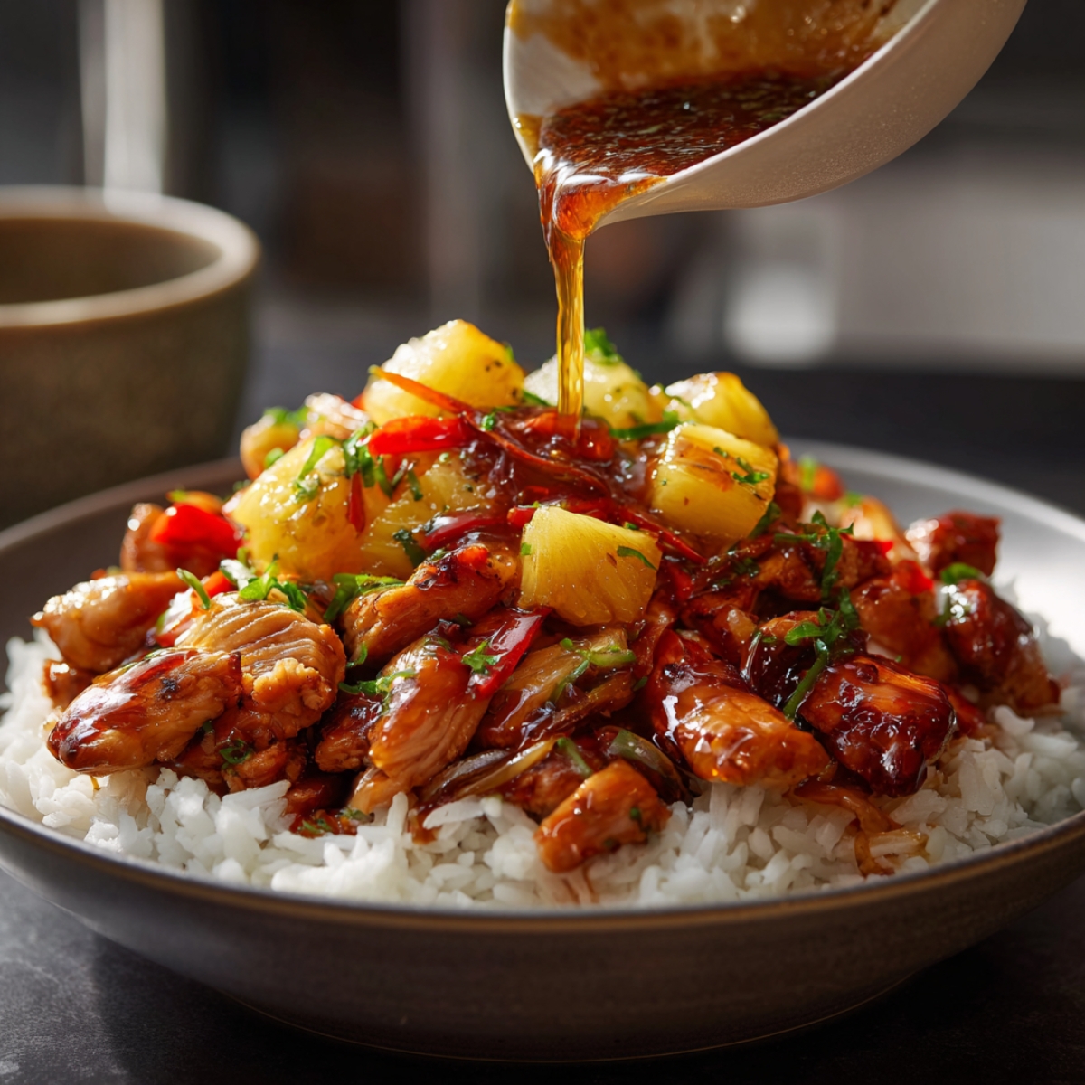 Healthy Pineapple Chicken With Rice Recipe 12 A bowl of white rice topped with sautéed chicken, pineapple chunks, and vegetables, while a glossy brown pineapple sauce is being poured over the dish.