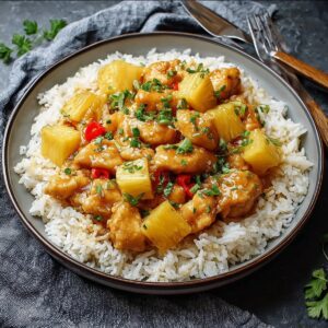 Healthy Pineapple Chicken With Rice Recipe 19 A bowl of fluffy white rice topped with golden pineapple chunks and glazed chicken pieces, garnished with chopped herbs and red chili flakes.