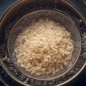 Healthy Pineapple Chicken With Rice Recipe 16 A metal strainer filled with uncooked white rice resting over a stainless-steel pot, with water droplets around the surface indicating the rice has just been rinsed.