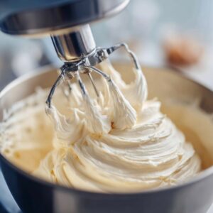 Healthy Pistachio Mousse Recipe 16 Close-up of a stand mixer beating thick, fluffy whipped cream inside a metal mixing bowl.