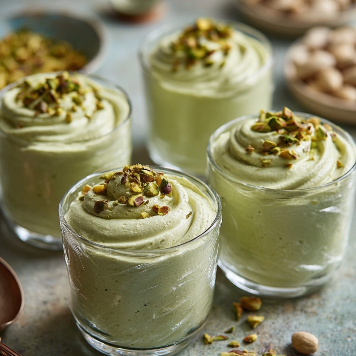 Healthy Pistachio Mousse Recipe 12 Glasses filled with pale green pistachio mousse, topped with chopped pistachios, arranged on a textured surface with scattered nuts around them.