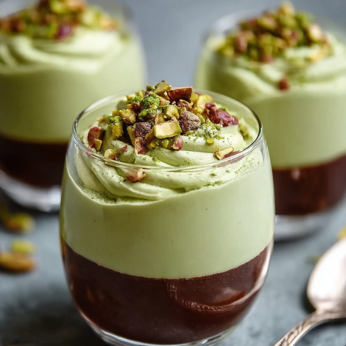 Healthy Pistachio Mousse Recipe 13 Elegant dessert cups filled with a bottom layer of chocolate and topped with smooth green pistachio mousse, finished with chopped pistachios.