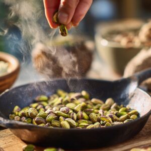 Healthy Pistachio Mousse Recipe 15 Hand sprinkling pistachios into a hot skillet as steam rises, with toasted pistachios and rustic kitchen tools surrounding the pan.