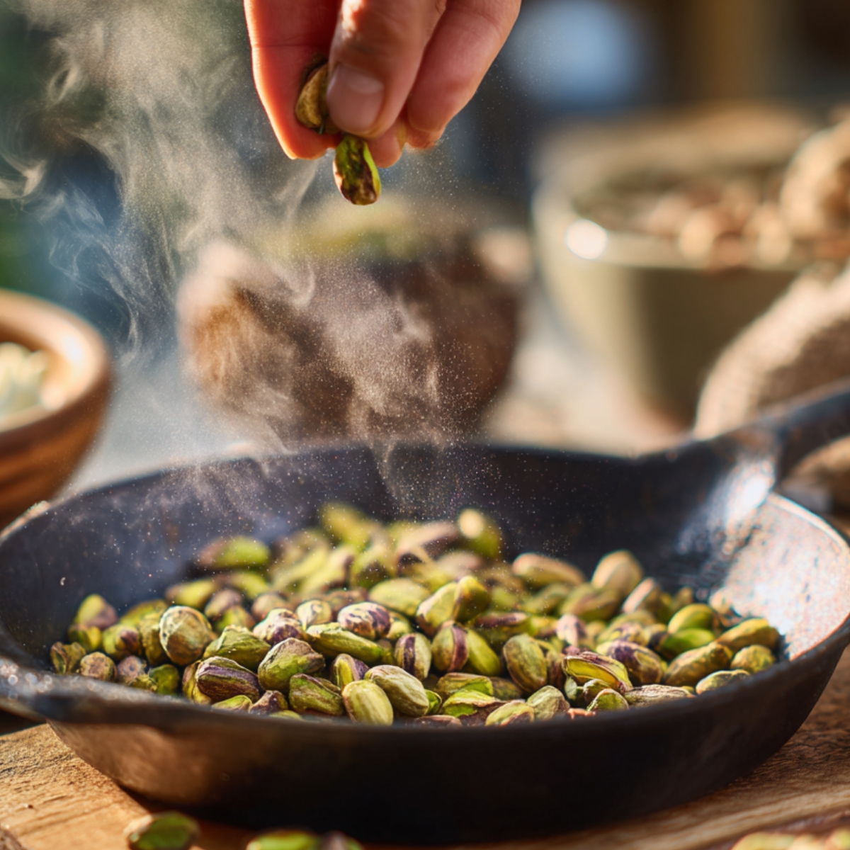 Healthy Pistachio Mousse Recipe 10 Hand sprinkling pistachios into a hot skillet as steam rises, with toasted pistachios and rustic kitchen tools surrounding the pan.