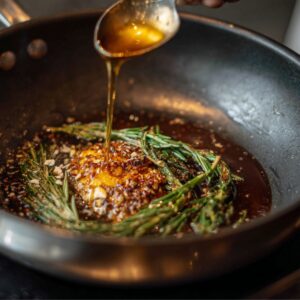 A hand pours golden oil from a spoon into a pan filled with herbs and seasonings, including rosemary and chopped garlic.