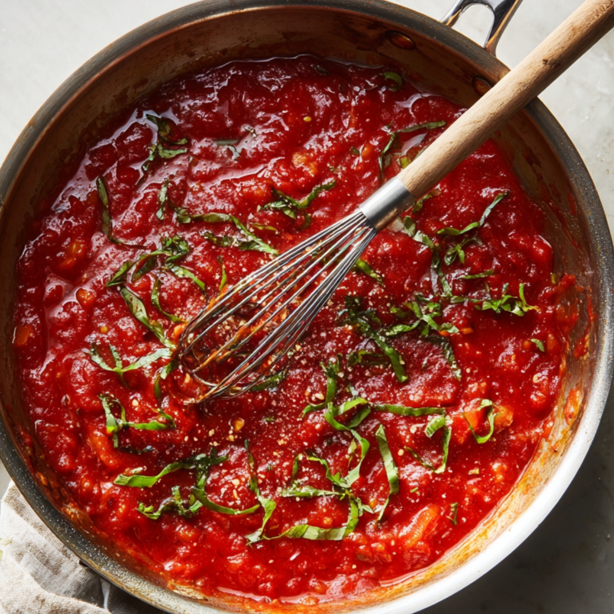 A pan filled with bright red tomato sauce topped with fresh basil ribbons, with a whisk resting inside the pan on a marble countertop.