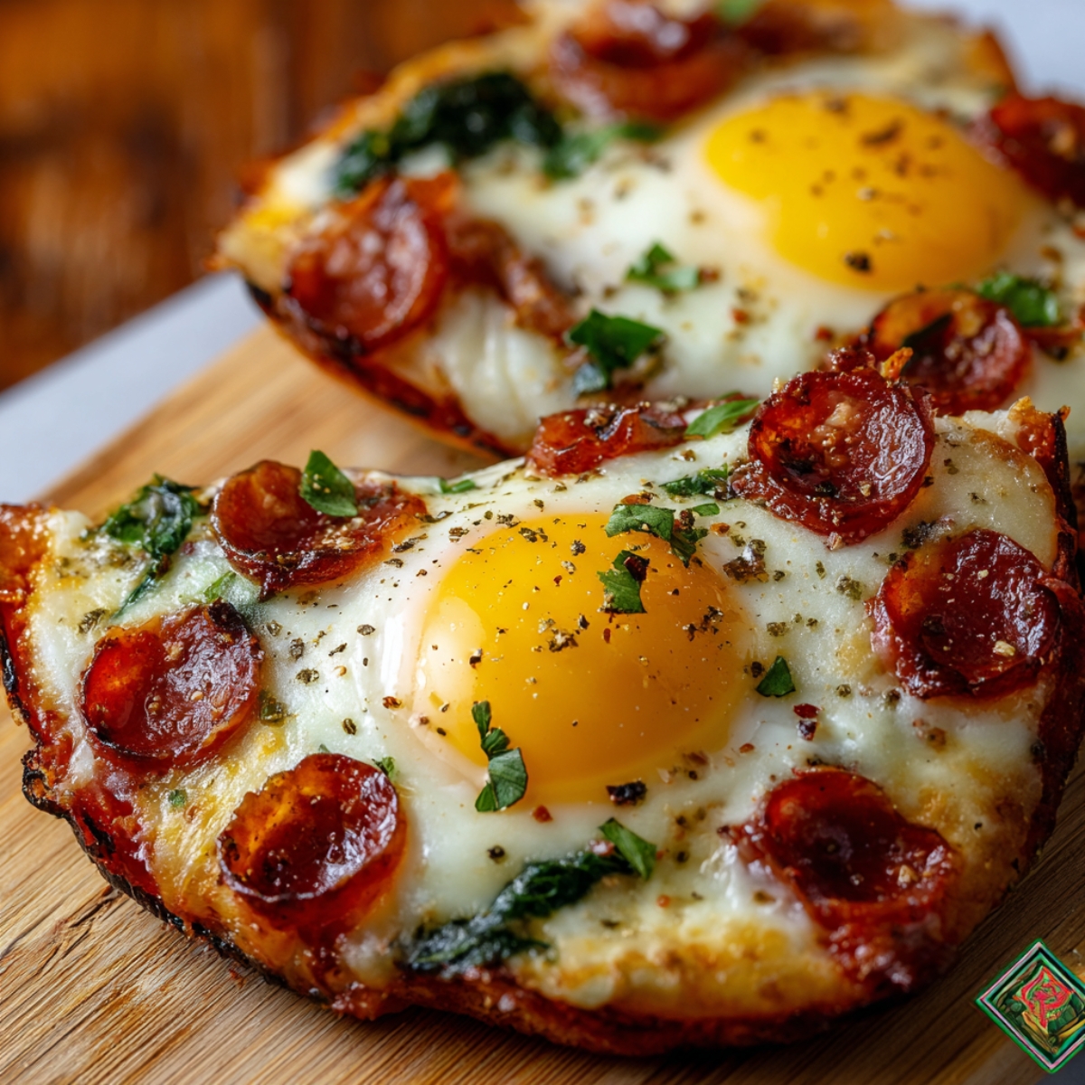 A skillet-style pizza topped with four sunny-side-up eggs, melted cheese, spinach, and pepperoni slices sprinkled with herbs.