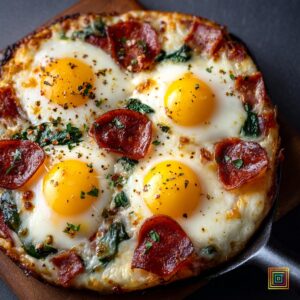 A skillet-style pizza topped with four sunny-side-up eggs, melted cheese, spinach, and pepperoni slices sprinkled with herbs.