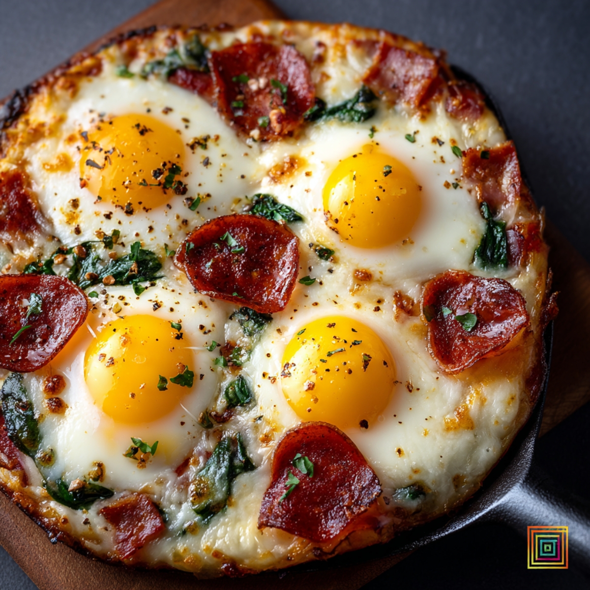 A skillet-style pizza topped with four sunny-side-up eggs, melted cheese, spinach, and pepperoni slices sprinkled with herbs.