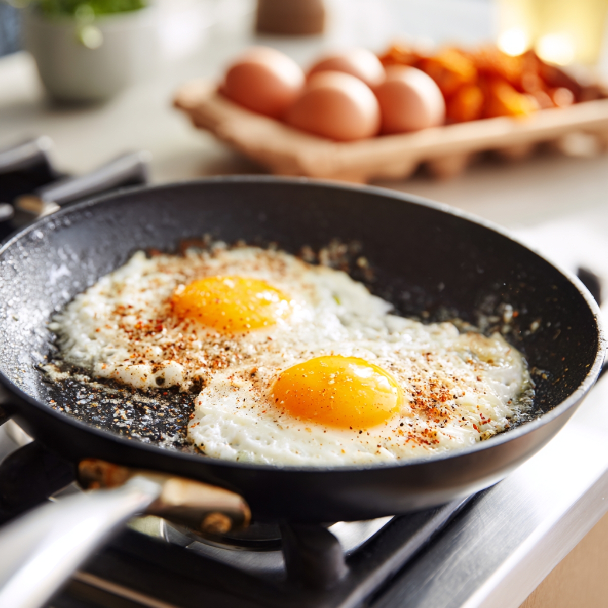 Two sunny-side-up eggs frying in a nonstick pan, sprinkled with seasoning, with eggs and vegetables blurred in the background.