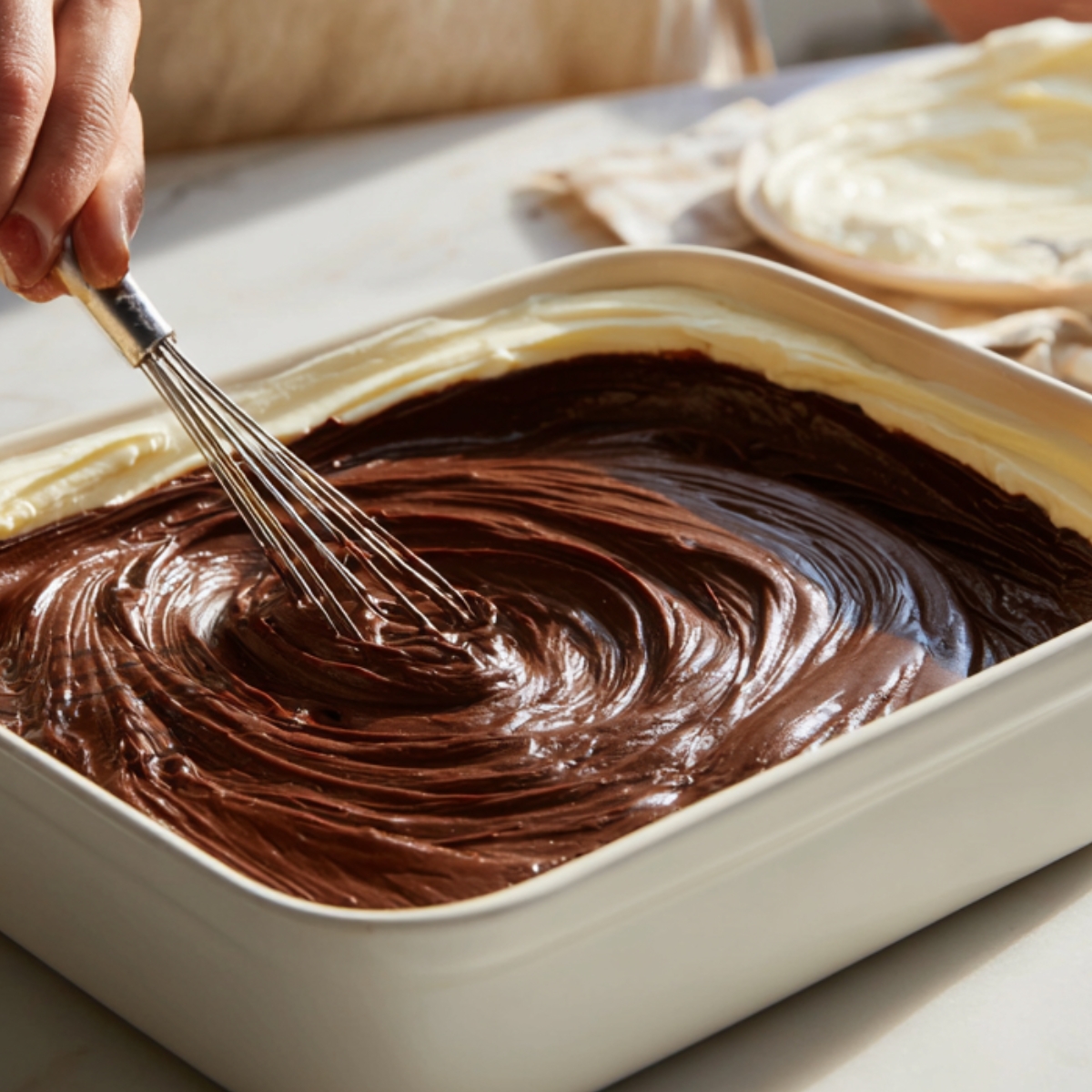 Healthy Possum Pie Recipe In 30 Minutes 11 A hand whisking a thick chocolate pudding layer over a creamy white layer in a rectangular baking dish, preparing the middle chocolate layer of possum pie.