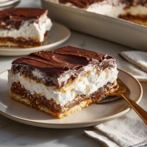 Healthy Possum Pie Recipe In 30 Minutes 17 Square pieces of layered possum pie served on plates, showing a pecan crust, creamy middle layer, and a smooth chocolate pudding top, with the full dessert visible in the background of a large baking dish.