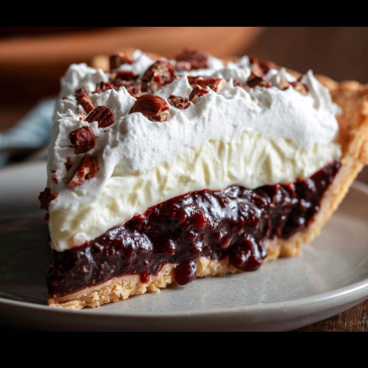 Healthy Possum Pie Recipe In 30 Minutes 13 A slice of possum pie with layers of chocolate pudding, fluffy cream cheese filling, and whipped cream topped with chopped pecans, all sitting inside a golden pie crust on a plate.