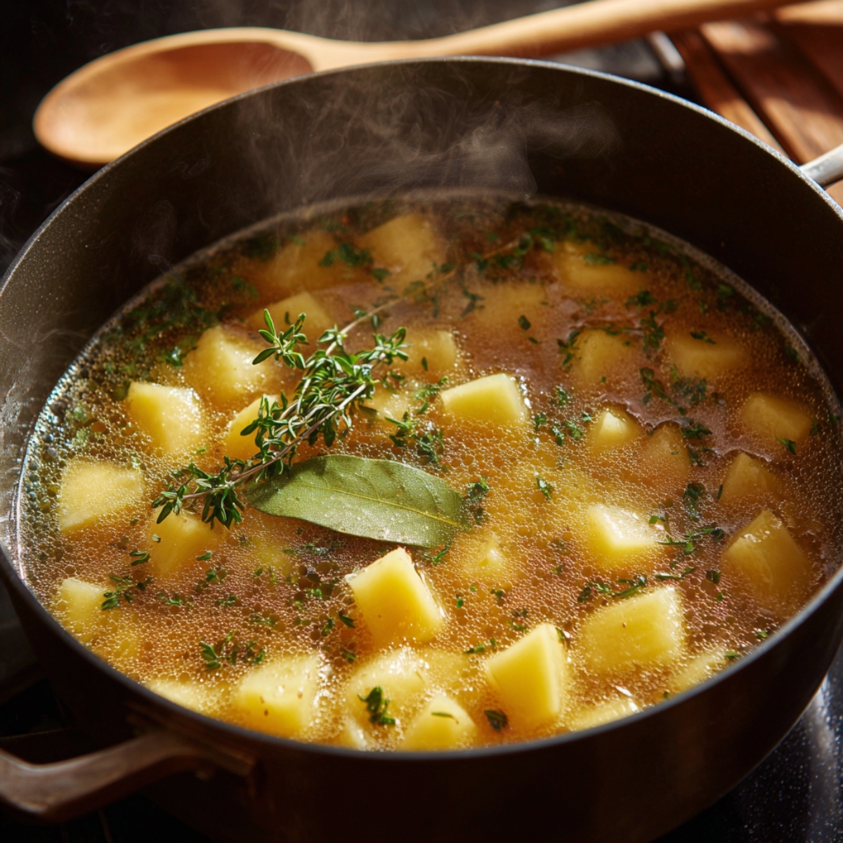 A pot of soup simmering on the stove with cubed potatoes, a bay leaf, and fresh thyme sprigs floating in golden broth. Steam rises gently, and a wooden spoon rests nearby on the counter.