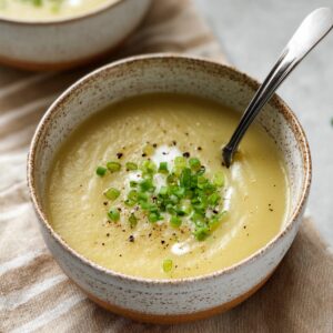 A creamy bowl of potato leek soup topped with chopped green onions, freshly cracked black pepper, and a drizzle of cream, served on a striped beige napkin with a spoon resting inside.
