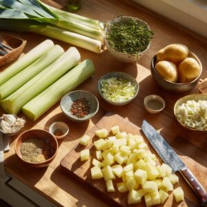 A bright kitchen countertop with neatly arranged ingredients: sliced leeks, cubed potatoes, minced garlic, and bowls of herbs and spices, all ready for cooking under natural sunlight.