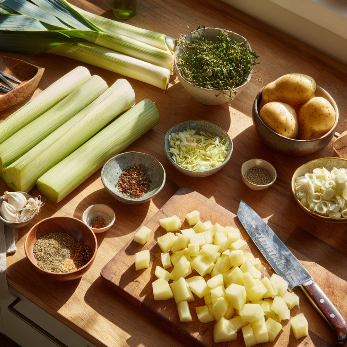 A bright kitchen countertop with neatly arranged ingredients: sliced leeks, cubed potatoes, minced garlic, and bowls of herbs and spices, all ready for cooking under natural sunlight.