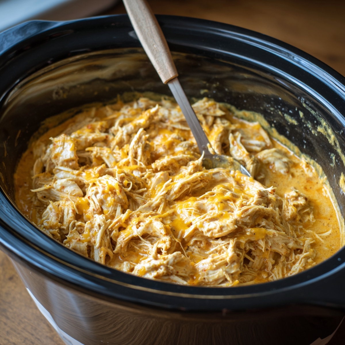 Shredded queso chicken in a slow cooker, mixed with melted cheese and creamy sauce, being stirred with a spoon.