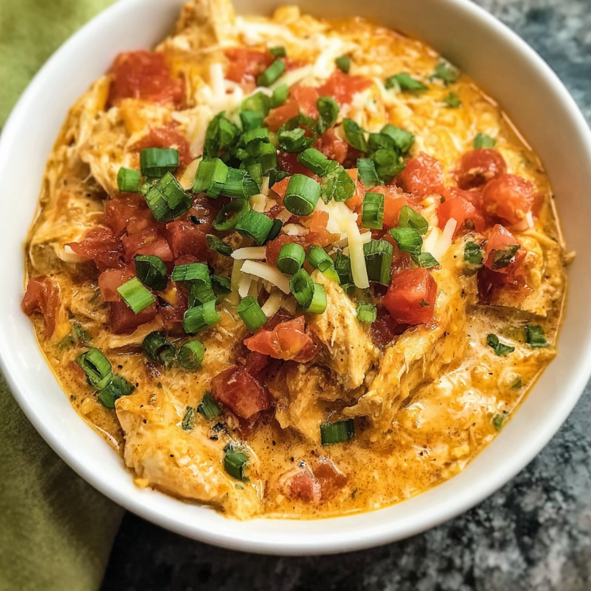 A serving of creamy shredded queso chicken in a bowl, garnished with chopped tomatoes, green onions, and melted cheese.
