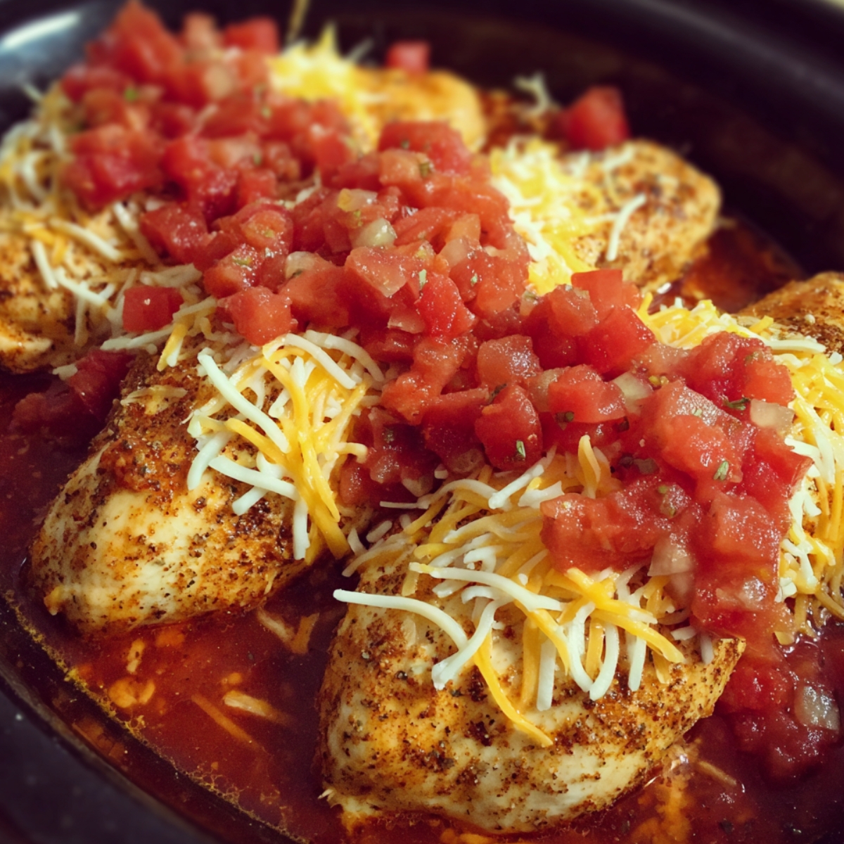 Raw chicken breasts in a crockpot topped with diced tomatoes, shredded cheese, and seasoning, ready to cook.