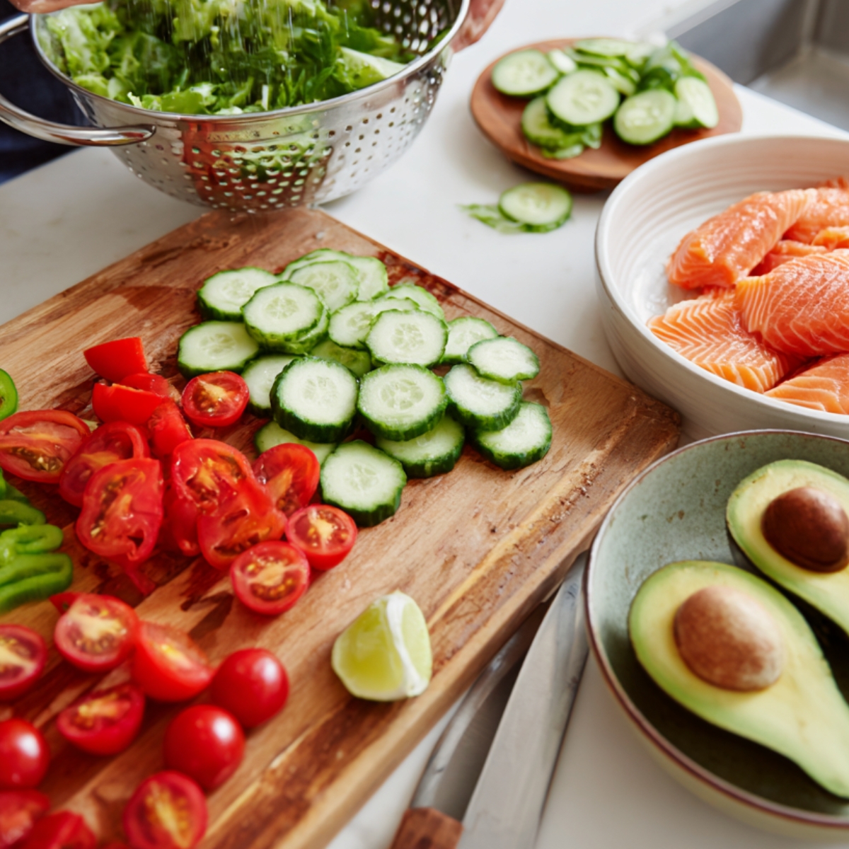 The Best Smoked Salmon Salad Recipe 10 A bright kitchen scene showing fresh salad ingredients—sliced cucumbers, tomatoes, bell peppers, avocado halves, and raw salmon fillets—on a wooden cutting board while someone tosses greens in a colander.