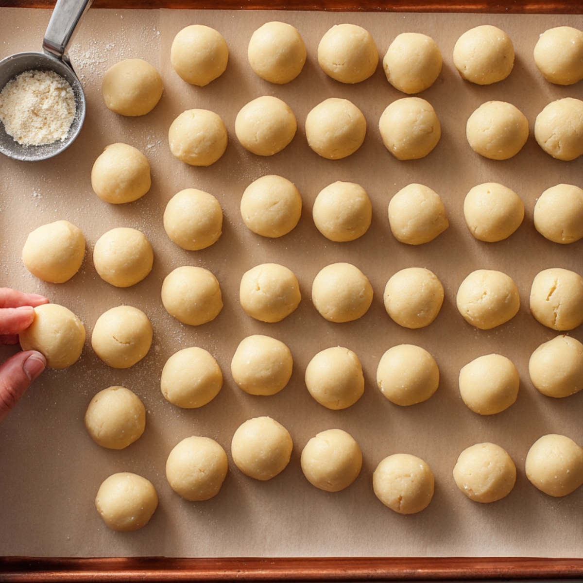 A parchment-lined baking sheet filled with evenly spaced, unbaked snowball cookie dough balls, with a hand placing one ball and a scoop of powdered sugar nearby.
