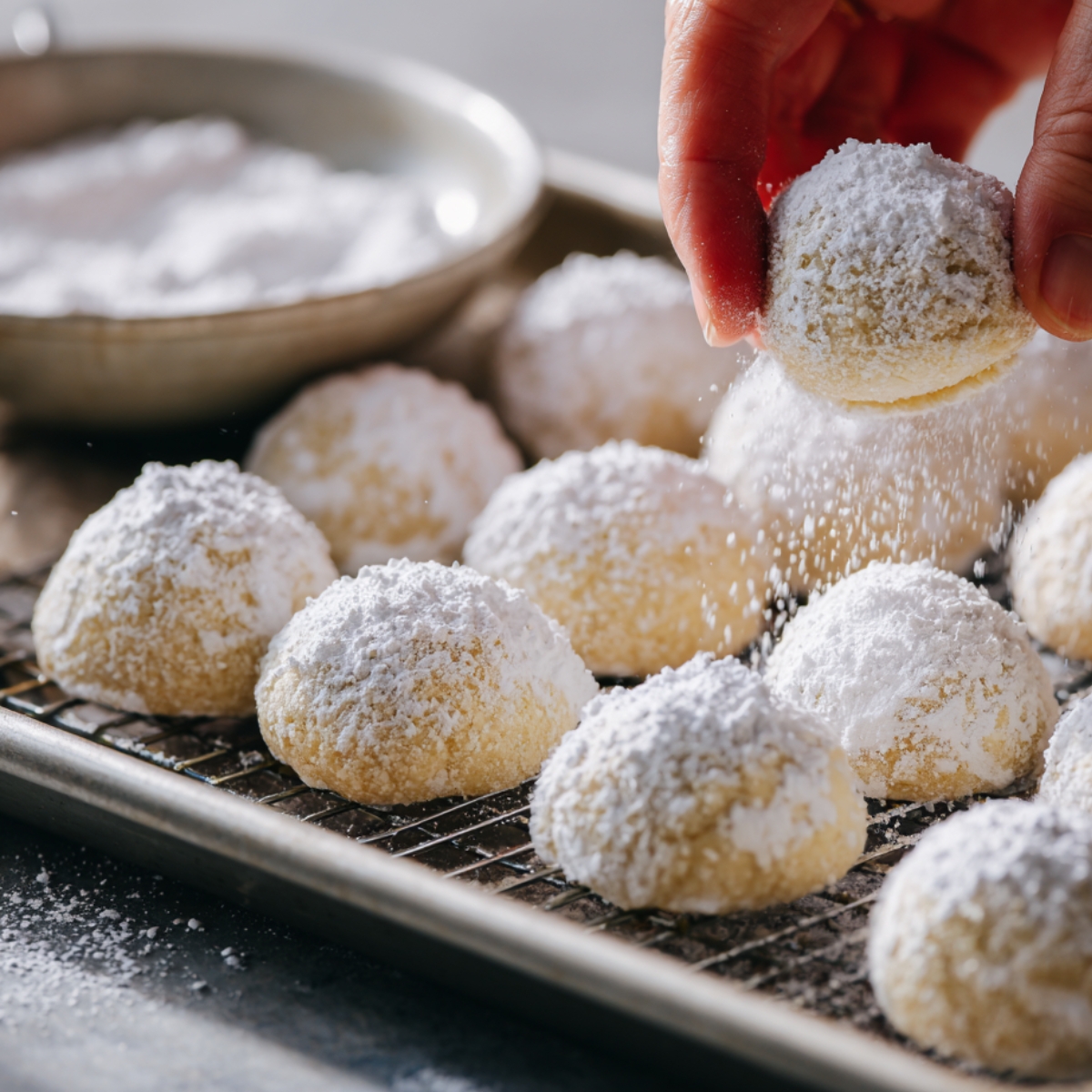 A baking tray of warm snowball cookies on a wire rack, as a hand gently coats each cookie with powdered sugar.