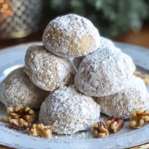A plate stacked with powdered-sugar-coated snowball cookies, surrounded by walnut pieces, with a soft holiday background.
