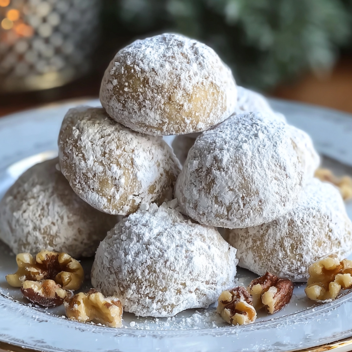 A plate stacked with powdered-sugar-coated snowball cookies, surrounded by walnut pieces, with a soft holiday background.