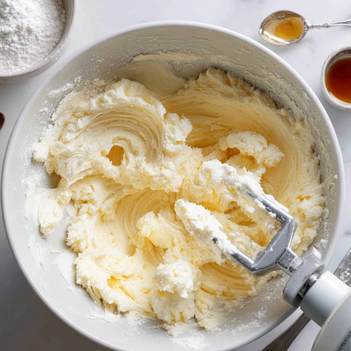 A mixing bowl filled with creamed butter and powdered sugar, with a mixer attachment resting inside and small bowls of vanilla and powdered sugar nearby.
