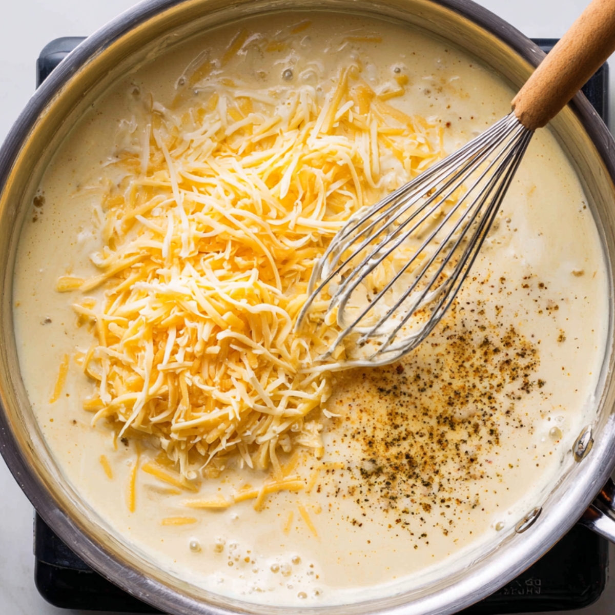A saucepan filled with creamy queso sauce while shredded cheese melts in, being whisked together with seasoning.