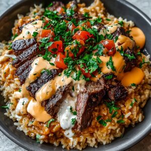 A close-up bowl of steak and queso rice, featuring seared steak slices, creamy queso drizzle, chopped tomatoes, and fresh herbs.