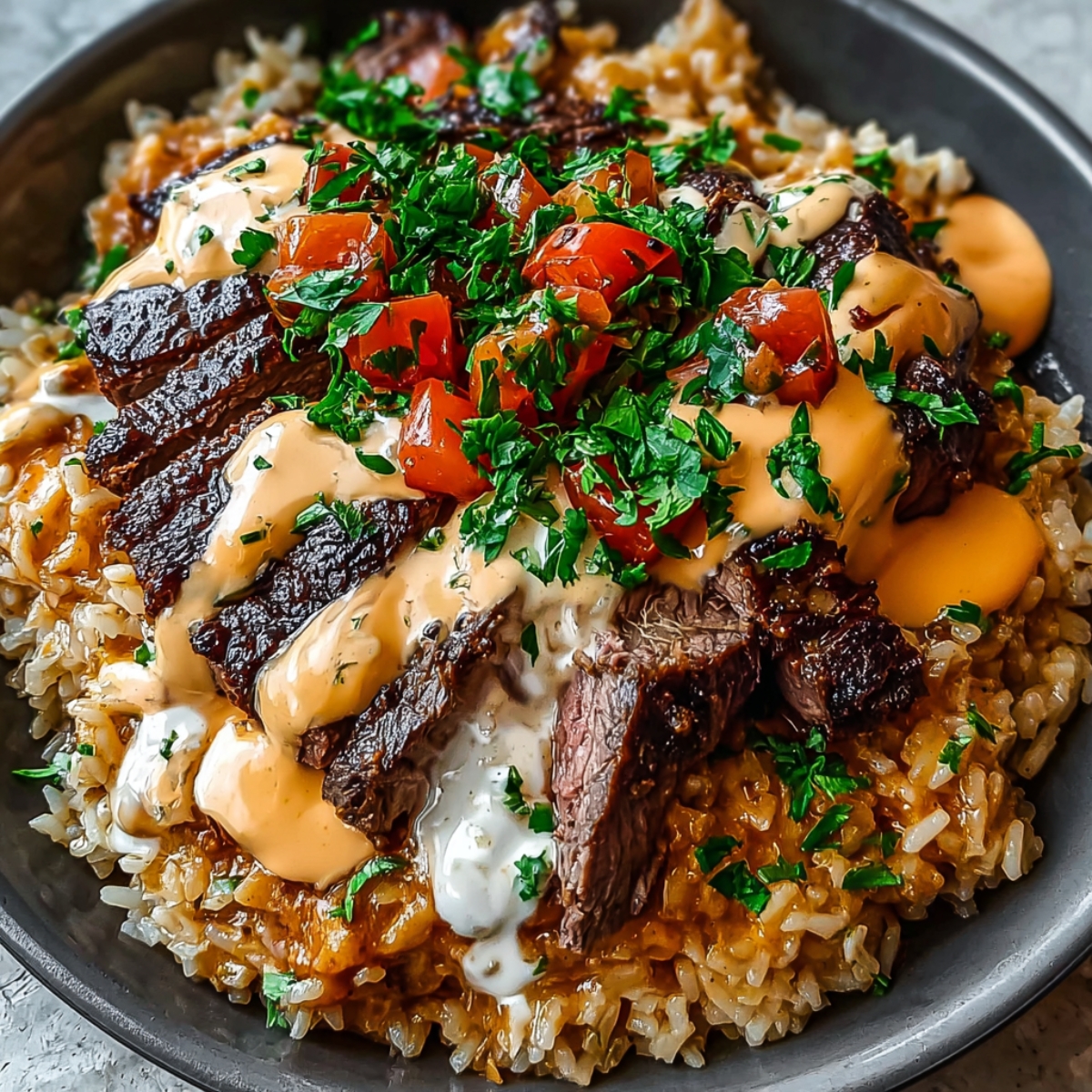 A close-up bowl of steak and queso rice, featuring seared steak slices, creamy queso drizzle, chopped tomatoes, and fresh herbs.