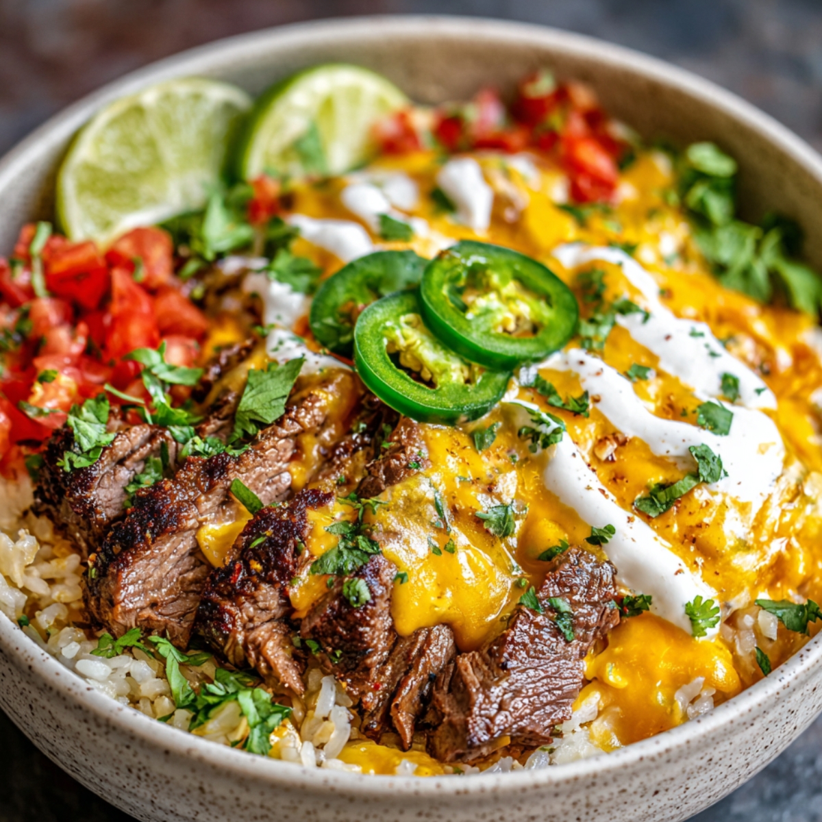 A Tex-Mex rice bowl topped with sliced grilled steak, melted queso, diced tomatoes, jalapeño slices, sour cream, and fresh cilantro.