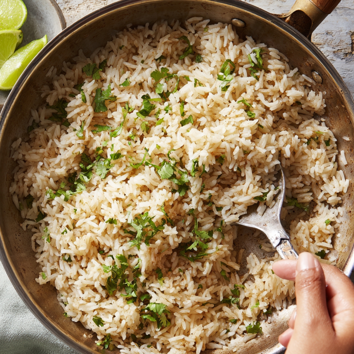 A skillet of fluffy cooked rice mixed with chopped cilantro, with a hand using a fork to fluff and stir it.