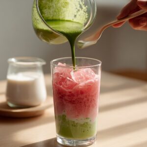 Delicious Strawberry Matcha Latte Recipe 16 A glass of iced strawberry matcha latte being prepared, with vibrant green matcha being poured over a layer of pink strawberry milk and ice cubes in soft sunlight.
