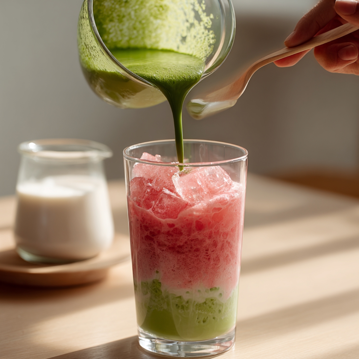 Delicious Strawberry Matcha Latte Recipe 11 A glass of iced strawberry matcha latte being prepared, with vibrant green matcha being poured over a layer of pink strawberry milk and ice cubes in soft sunlight.