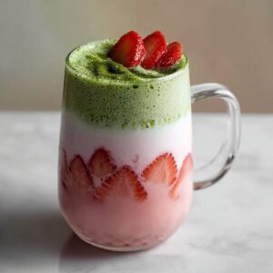 Delicious Strawberry Matcha Latte Recipe 17 A creamy strawberry matcha latte served in a glass mug on a wooden tray, with layers of pink strawberry milk, white cream, and green matcha, topped with fresh strawberries and matcha powder.