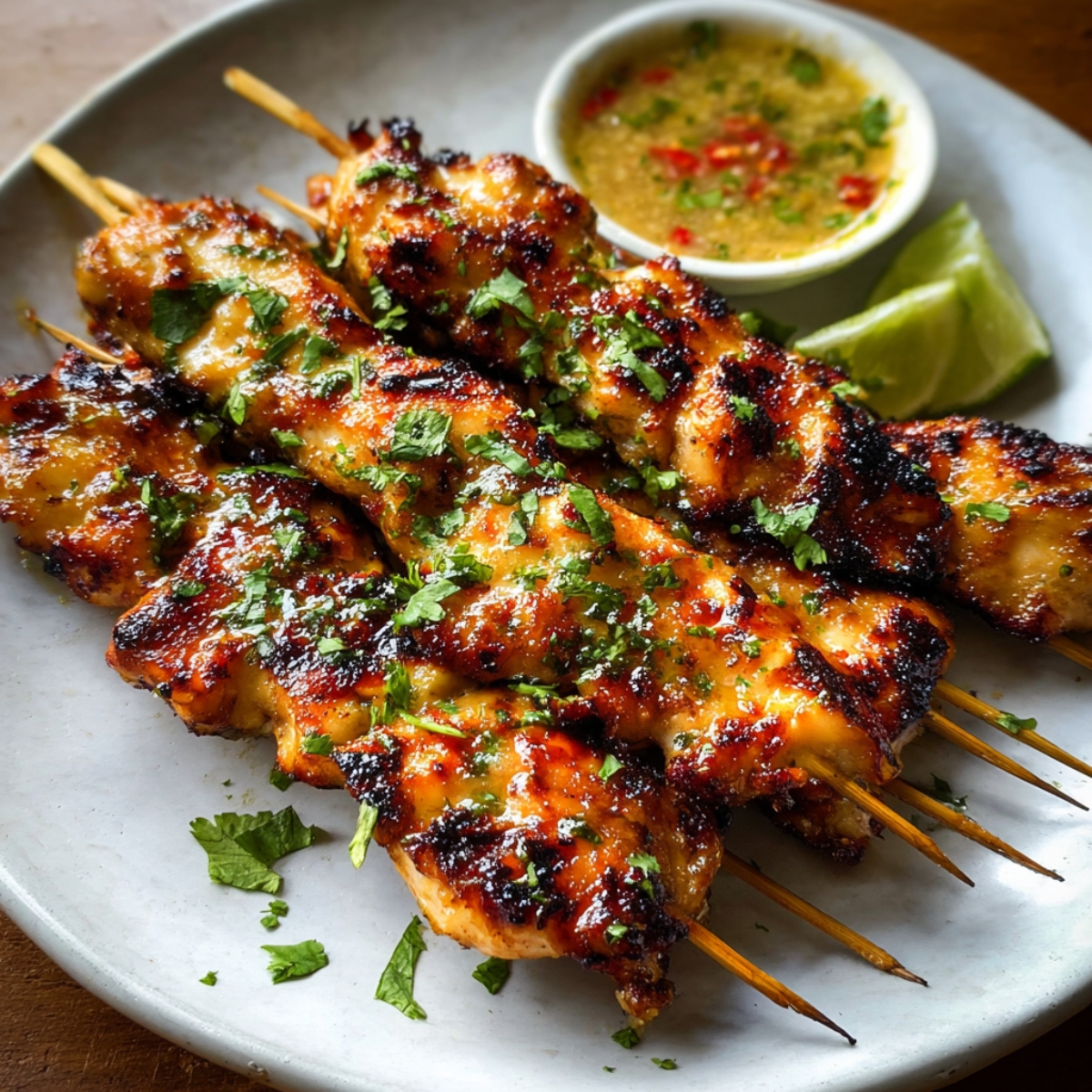 Grilled Thai coconut chicken skewers topped with chopped cilantro and served with a small bowl of spicy dipping sauce and lime wedges on a white plate.