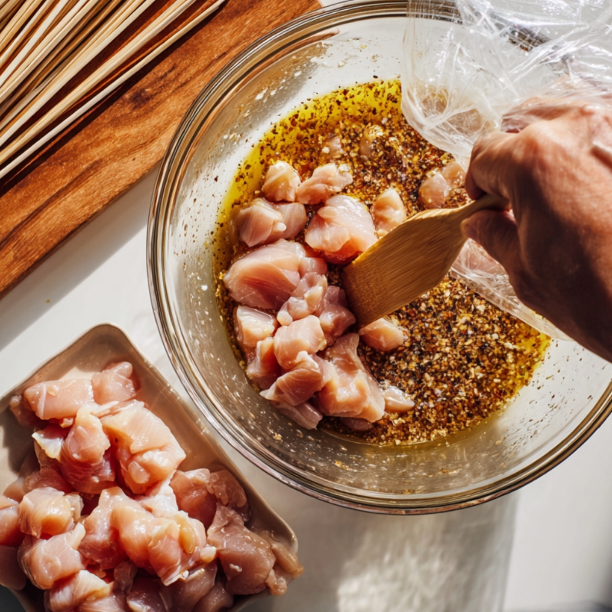 "A kitchen prep scene showing raw chicken pieces being mixed into a bowl of coconut and spice marinade beside a tray of bamboo skewers.
