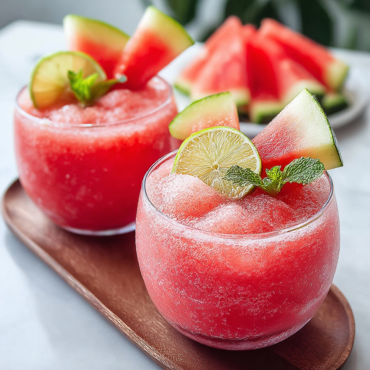 Best Watermelon Slushie Recipe 13 "Two round glasses filled with bright red watermelon slushie, garnished with a small watermelon wedge and mint leaves, sitting on a plate with ice."