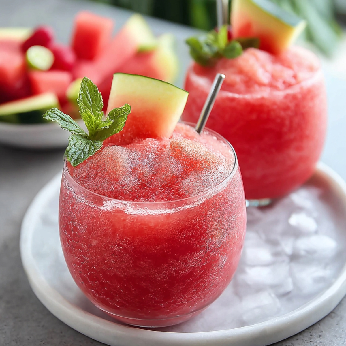Best Watermelon Slushie Recipe 12 "Two round glasses filled with bright red watermelon slushie, garnished with a small watermelon wedge and mint leaves, sitting on a plate with ice."