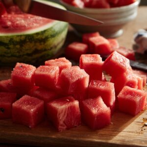 Best Watermelon Slushie Recipe 16 "A rustic kitchen scene where hands are cutting a watermelon into cubes on a wooden board, with a bowl full of diced watermelon in the background and a striped cloth nearby."
