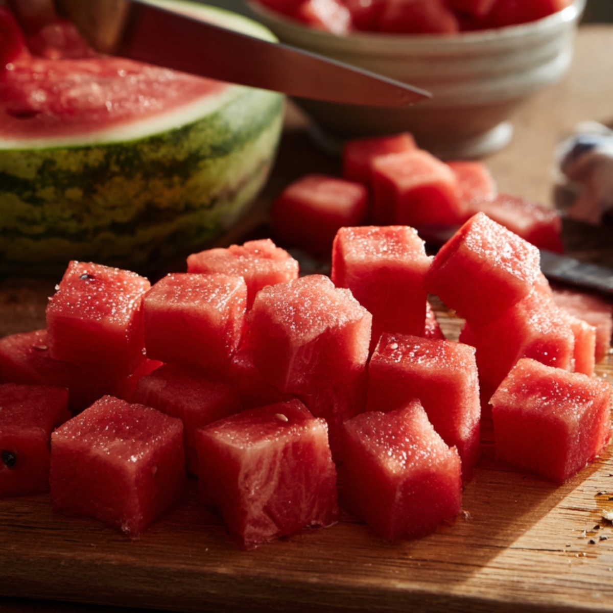 Best Watermelon Slushie Recipe 10 "A rustic kitchen scene where hands are cutting a watermelon into cubes on a wooden board, with a bowl full of diced watermelon in the background and a striped cloth nearby."