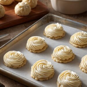 Healthy Whipped Shortbread Cookies Recipe 16 "Unbaked whipped shortbread cookies being shaped in different styles: piped rosettes on a parchment-lined baking sheet and round dough balls with fork marks on a wooden board, with piping tools and a bowl of dough nearby."